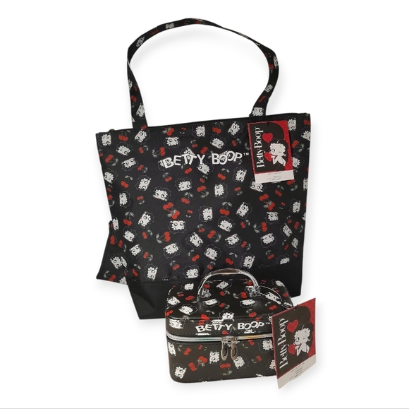 Betty Boop Handbags - Betty Boop 2pc Cherry Print Tote with Mini Cosmetic Case